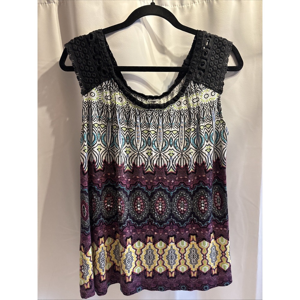 Bila Multicolor Patterned Sleeveless Blouse with Black Crochet Trim